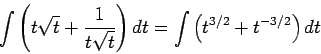 \begin{displaymath}\displaystyle \int \left(t \sqrt{t} +
\frac{1}{t\sqrt{t}}\right)dt = \int \left(t^{3/2} +
t^{-3/2}\right)dt\end{displaymath}
