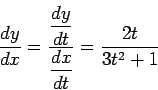 \begin{displaymath}\frac{dy}{dx} = \frac{\displaystyle \frac{dy}{dt}}{\displaystyle
\frac{dx}{dt}}= \frac{2t}{3t^2+1}\end{displaymath}